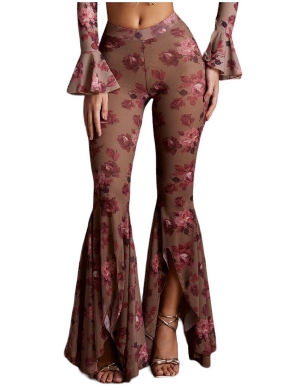 Floral Overlay Pants in Rose Pink and Taupe - Picture 8 of 11